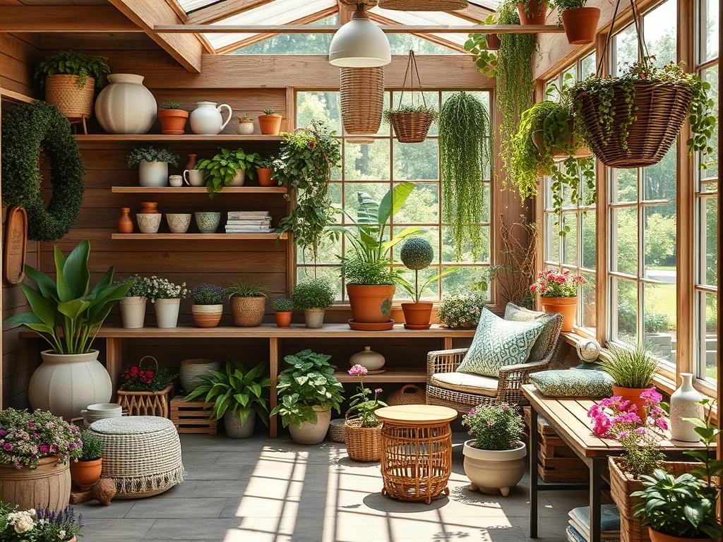 Уютная комната с большим количеством растений, цветов и деревянной мебелью, наполненная светом и зеленью.