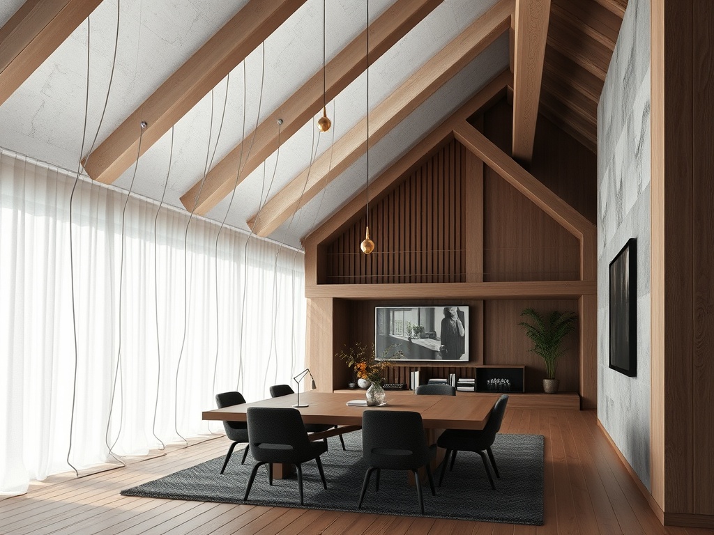 Современный интерьер с деревянными балками, столом и стульями, ярким светом и минималистичным декором.