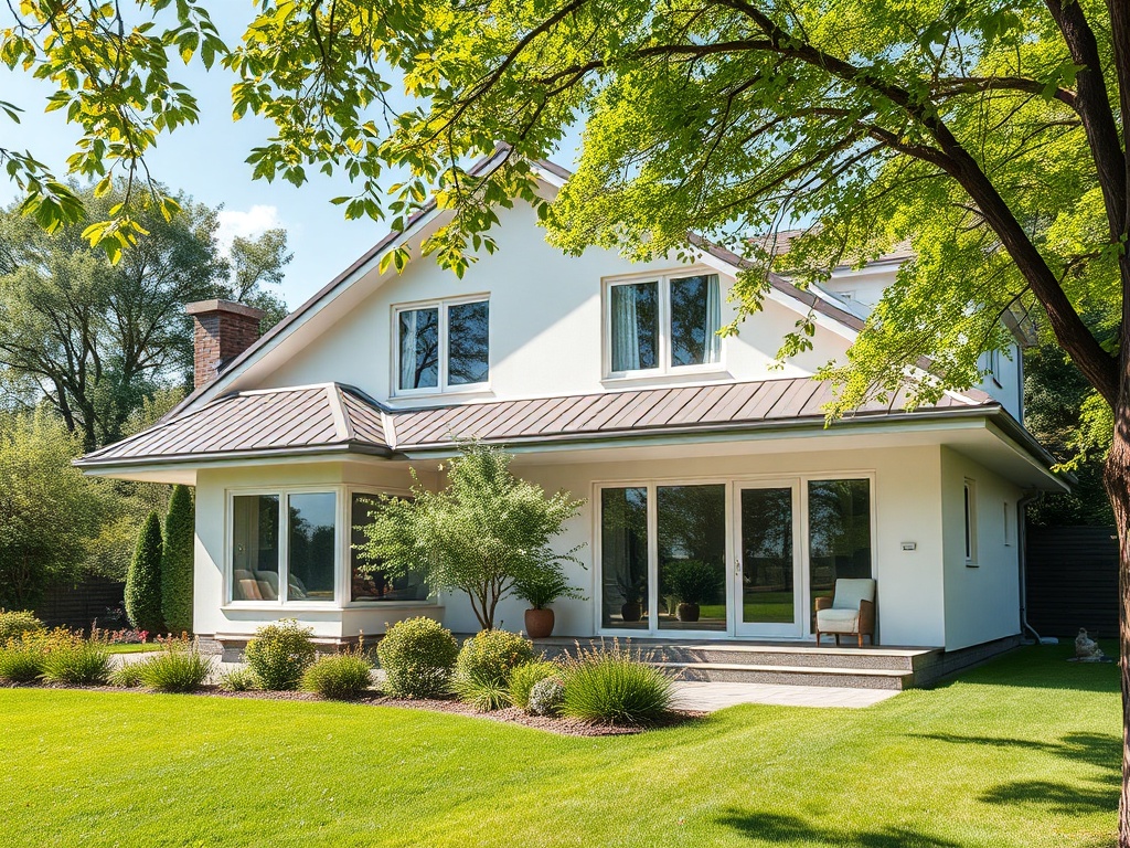 Современный дом с большими окнами, окружённый зелёным садом и ухоженной травой. Тихая и спокойная атмосфера.