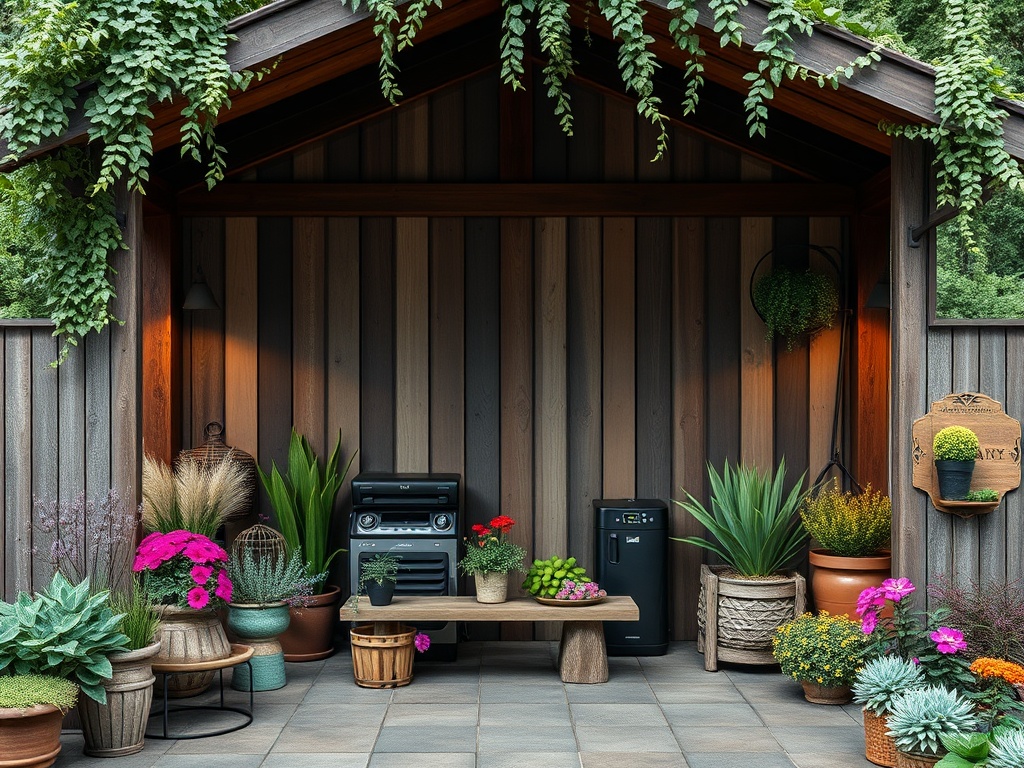 Уютный уголок на улице с растениями, мебелью и стильными аксессуарами на фоне деревянной стены.