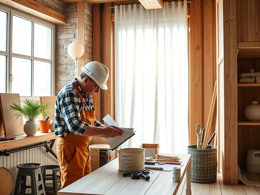 Рабочее пространство с мужчиной в каске, который изучает план, окружённый инструментами и растением.