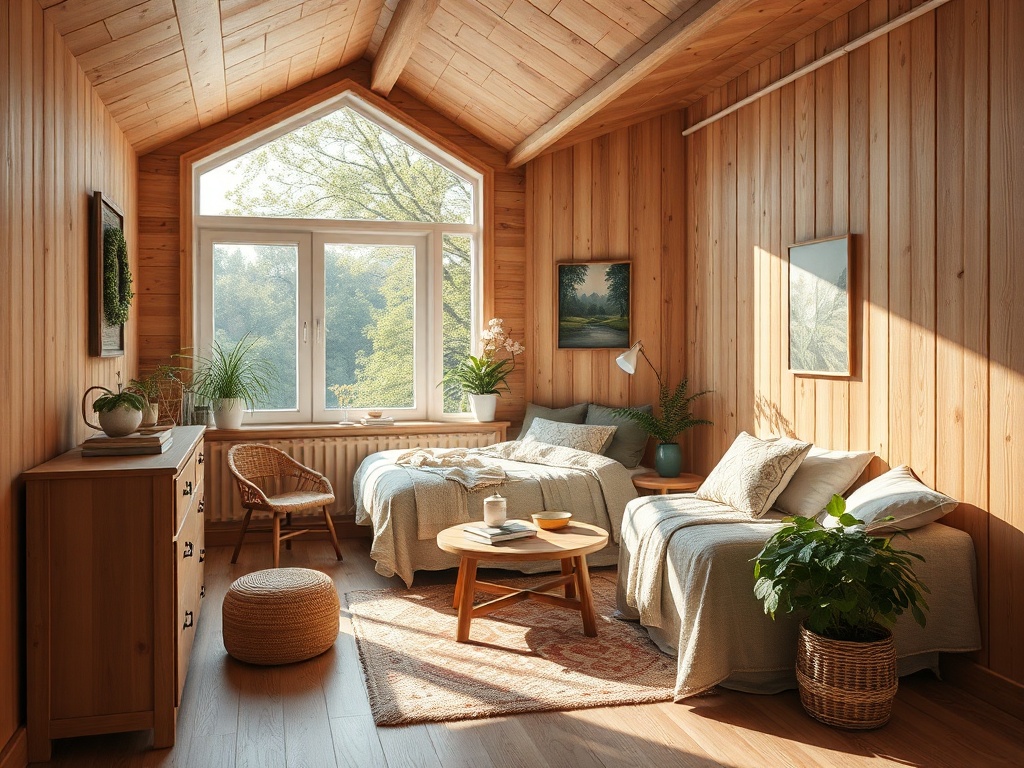 Уютная светлая спальня с деревянными стенами, окнами и двумя кроватями, окруженная зеленью и мягким светом.