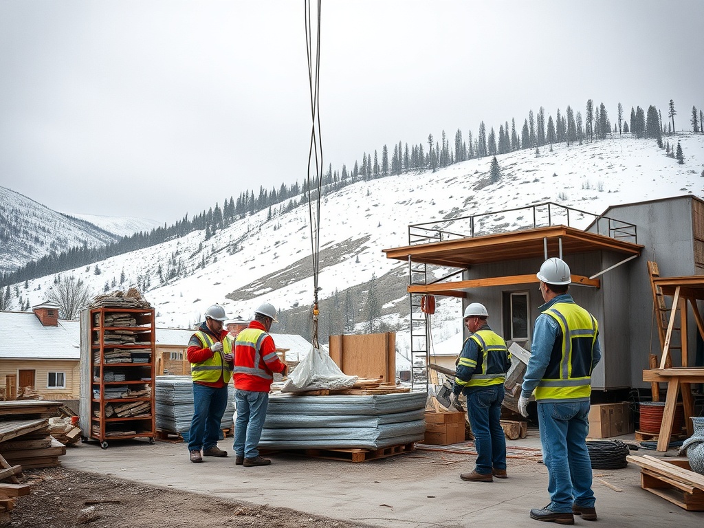 Строители в касках работают на строительной площадке в горах, окружающих снежный ландшафт.
