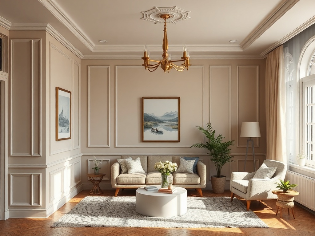 Современный уютный интерьер гостиной с картинами, растениями и мягкой мебелью, освещенный естественным светом.