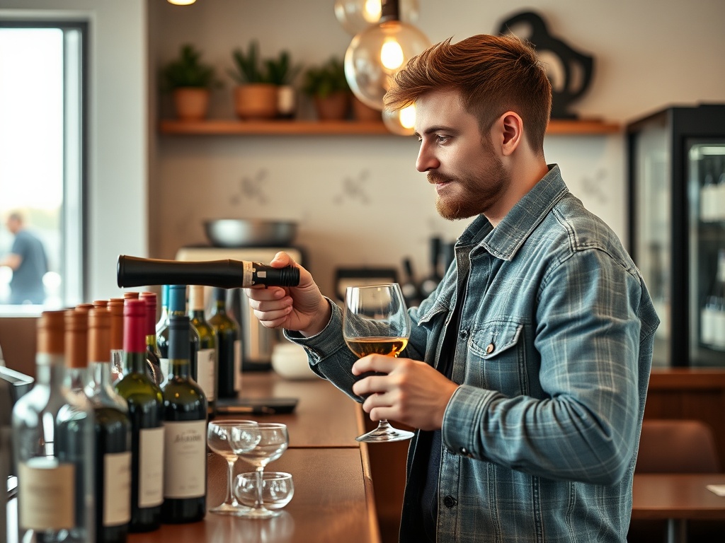 Молодой человек в джинсовой куртке выбирает вино, держа в руках бокал с напитком.