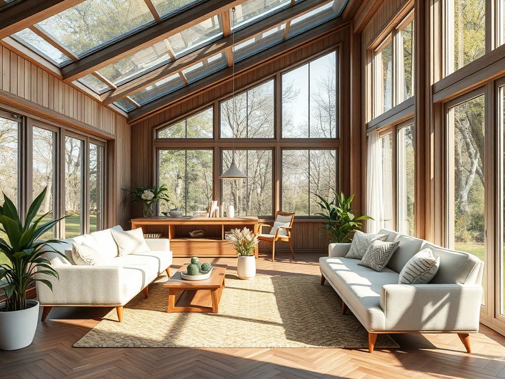 Светлая комната с большими окнами, уютной мебелью и зелеными растениями, создающая атмосферу спокойствия.