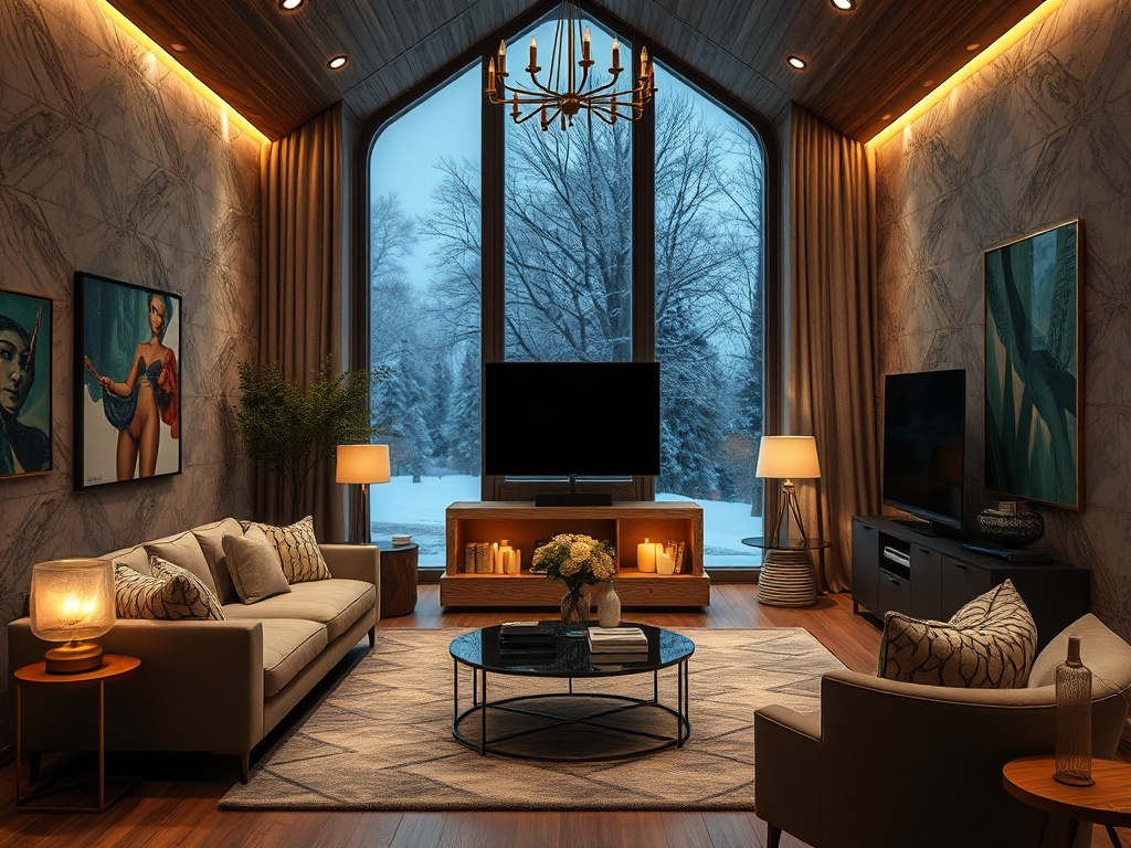 Современная гостиная с большим окном, уютной мебелью и зимним пейзажем на улице. Теплая и стильная атмосфера.