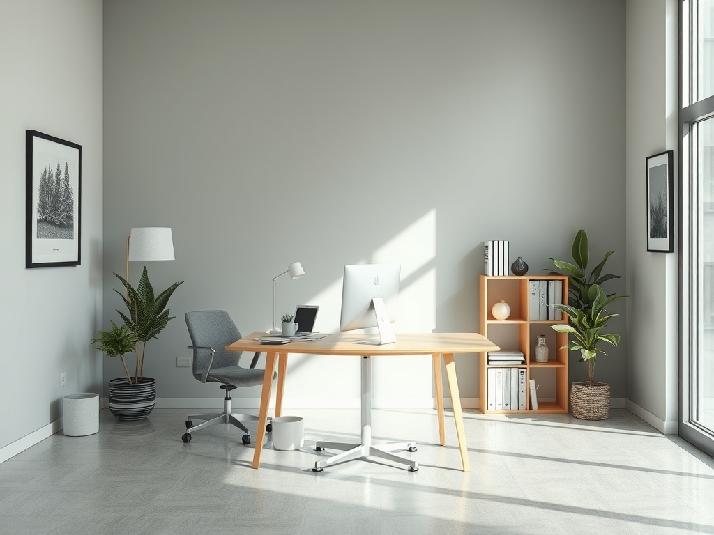 Современный офис с рабочим местом, светом, растениями и полками для хранения книг.