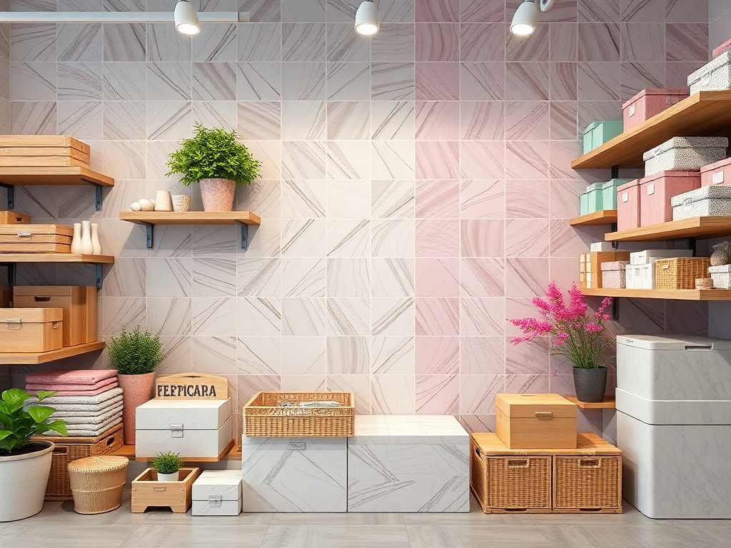 Современный интерьер с полками, коробками и растениями на стенах в нежных пастельных оттенках.