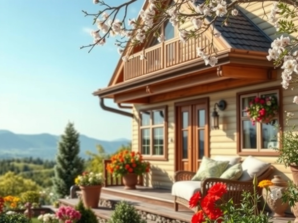 Уютный дом с цветами на веранде, горы на заднем плане и ясное голубое небо. Весеннее настроение.