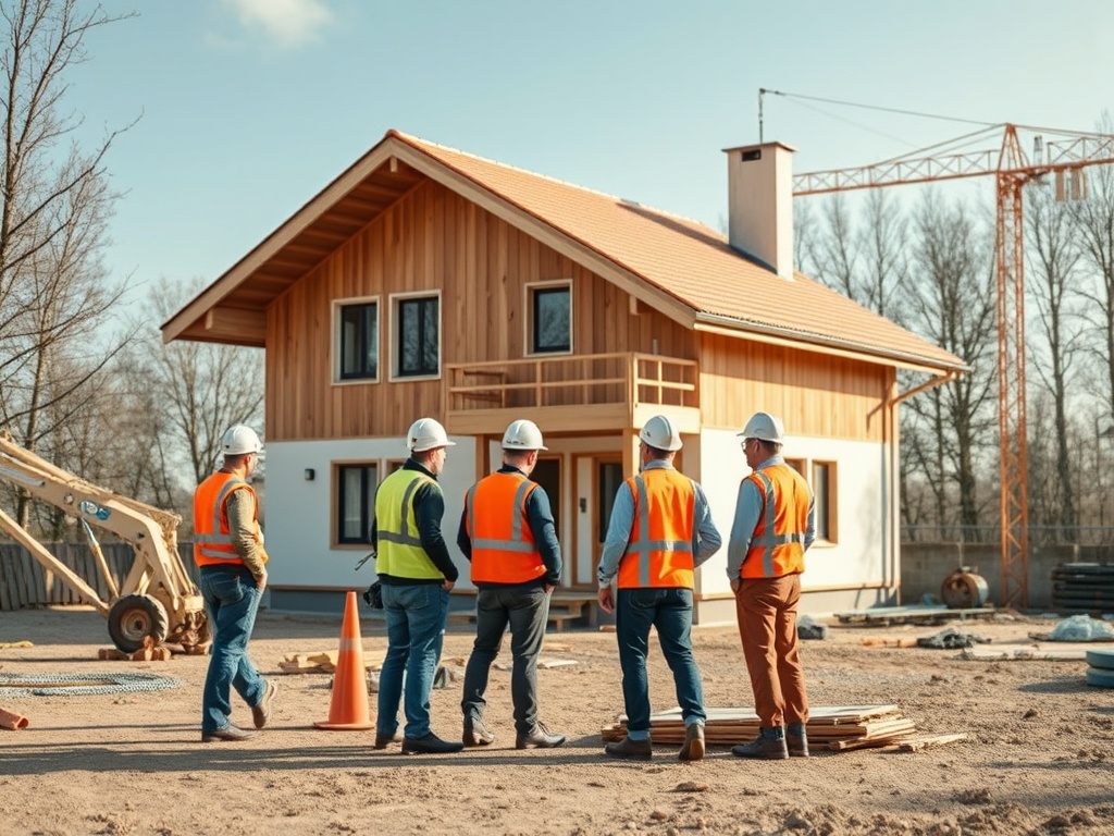 Группа строителей в касках и жилетах наблюдает за строительством нового дома. На заднем плане краны.
