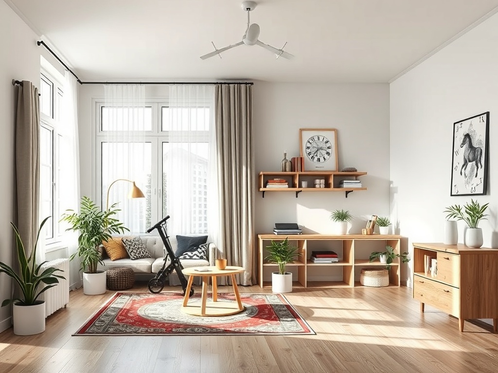 Светлая комната с диваном, столом и растениями, большой窗户 и полками для книг на стене.