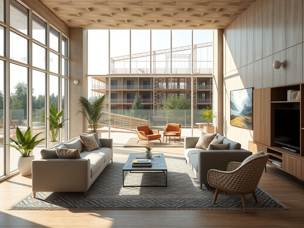 Современный светлый интерьер с большими окнами и видом на строящееся здание, уютная мебель и растения.