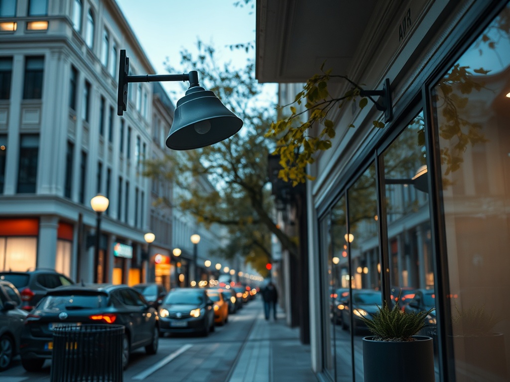 Улица с автомобилями, магазинам и фонарем. В отражении витрины виден городской пейзаж.