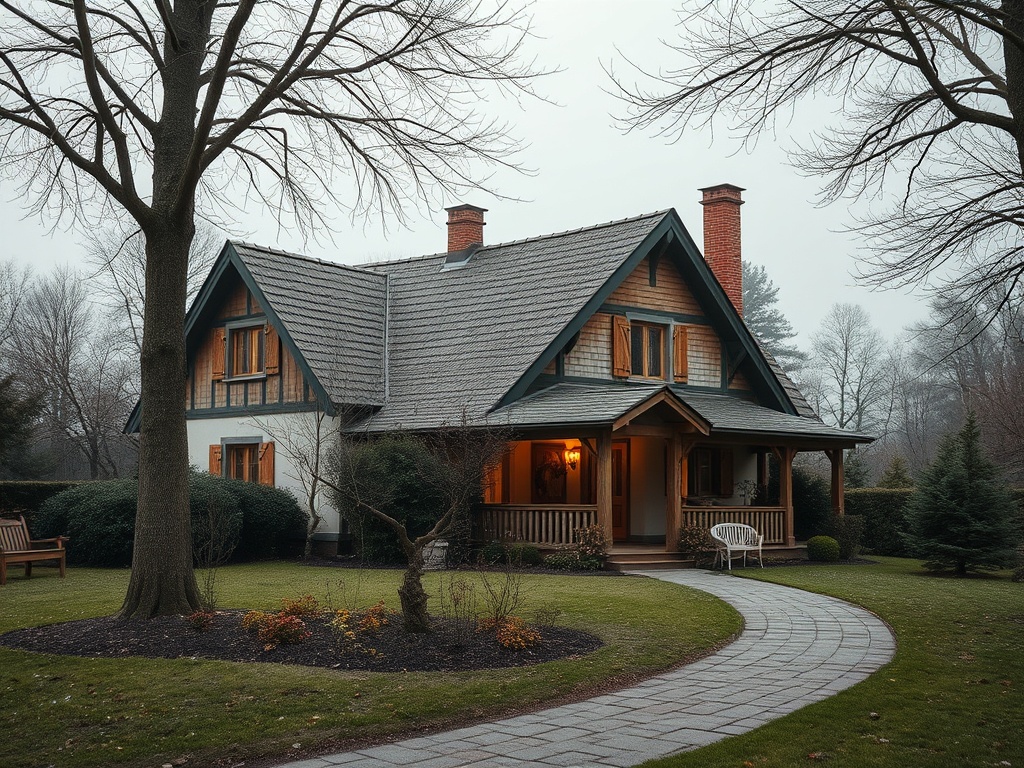 Очаровательный загородный дом с дымоходом и ухоженным садом на фоне туманной природы.