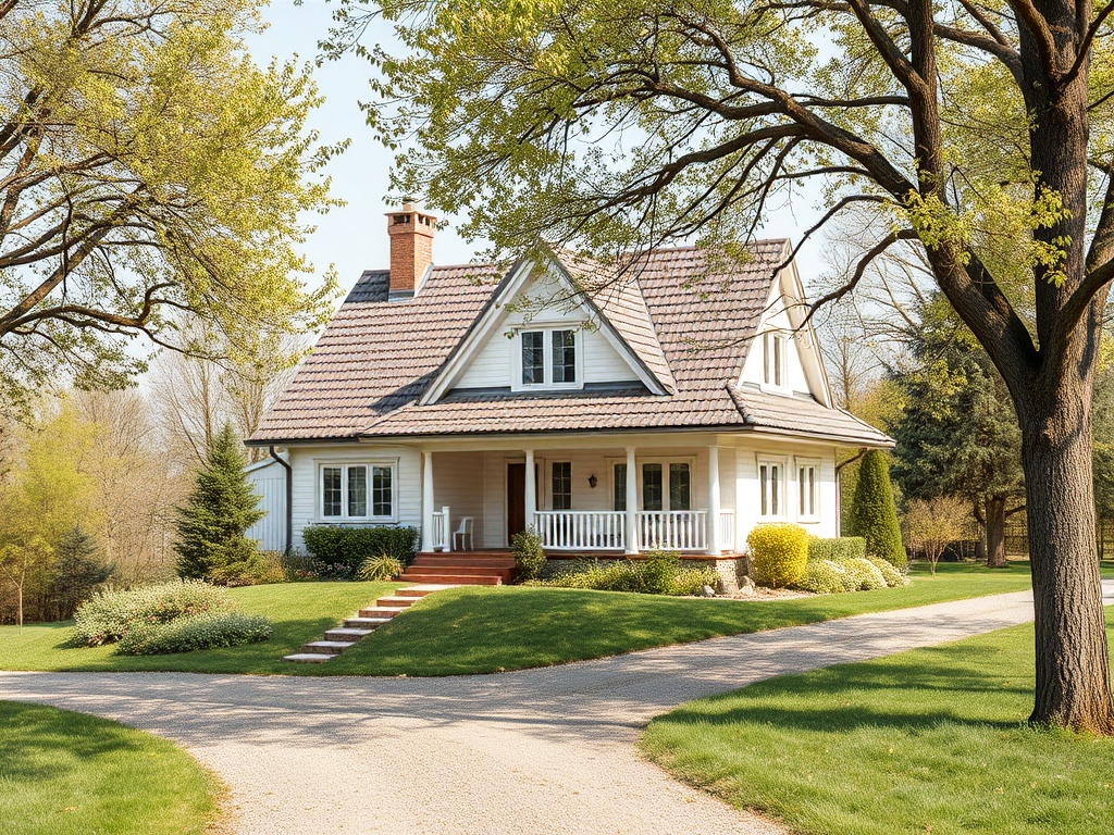 Уютный загородный дом с верандой, окружённый зелеными деревьями и ухоженным газоном.