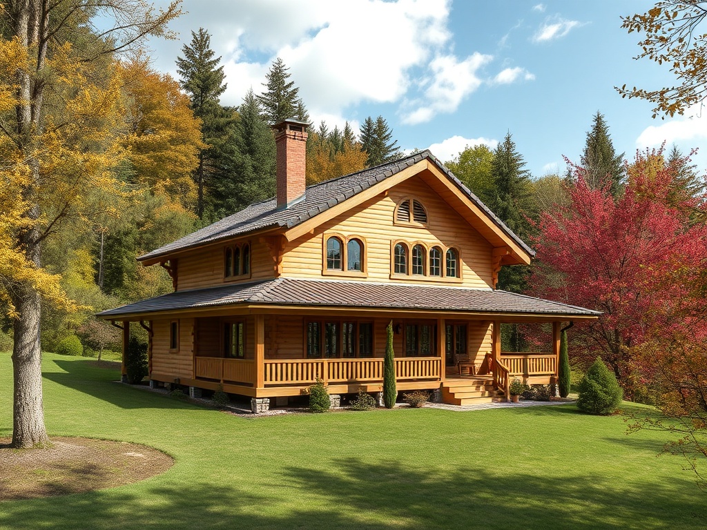 Деревянный дом на фоне зелёного луга и красивых осенних деревьев. Яркое и уютное место для отдыха.