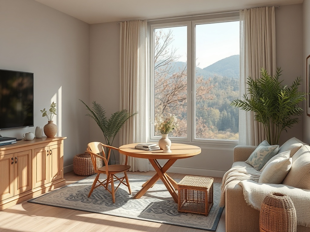 Светлая современная гостиная с деревянной мебелью и видом на горы через большие окна.