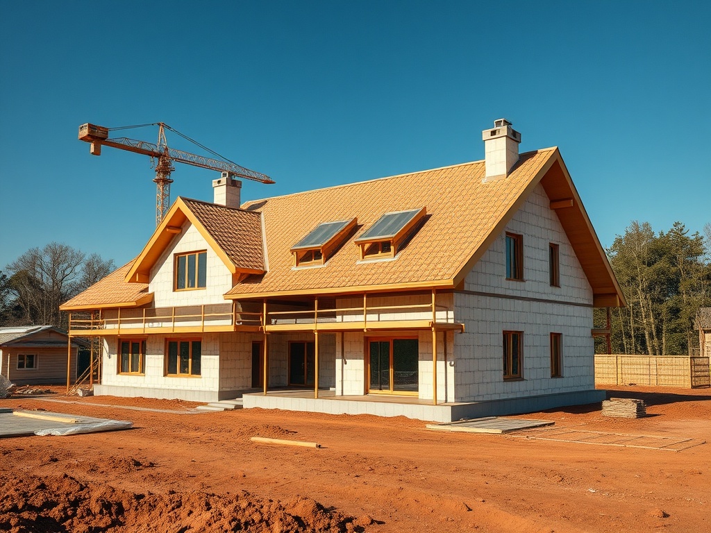Строящийся дом с деревянной крышей, вокруг строительные материалы и башенный кран на фоне чистого неба.