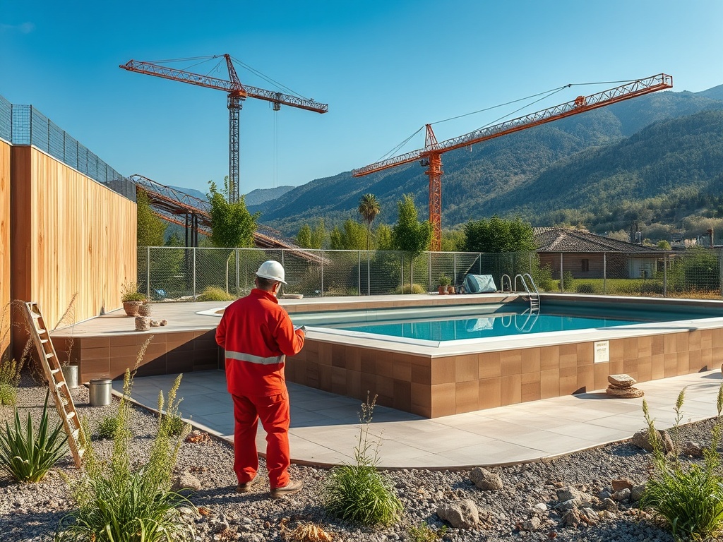 Рабочий в красной униформе у бассейна, строящиеся дома и краны на фоне гор. Ясная погода.