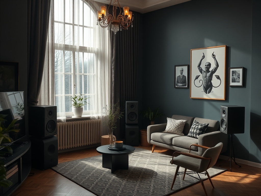 Современная гостиная с серым диваном, декоративными растениями и красивым освещением.