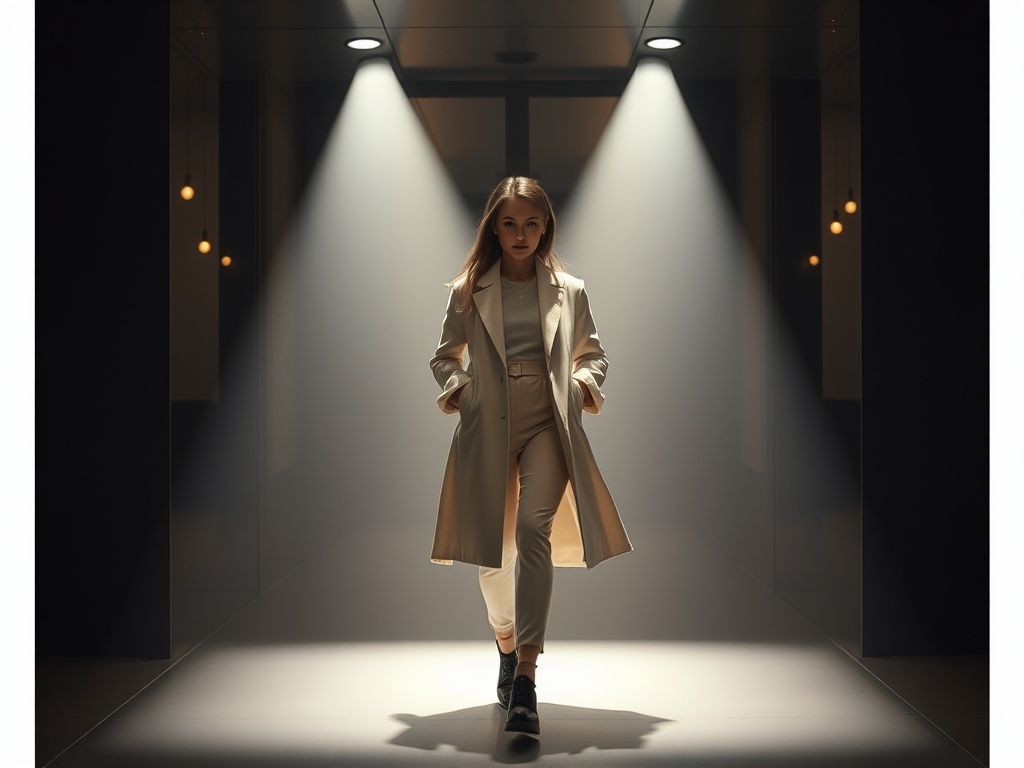 Молодая женщина в стильном бежевом пальто шагает по коридору под яркими лучами света.