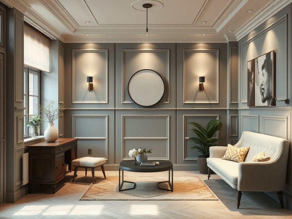 Светлая гостиная с серыми стенами, красивой мебелью и современными акцентами, создающая уютную атмосферу.