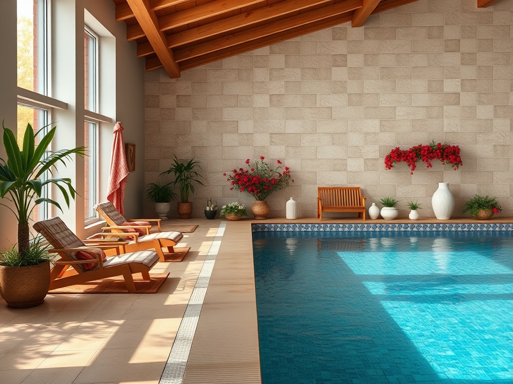 Уютный интерьер с крытым бассейном, диванами и зелеными растениями. Светлое и спокойное пространство для отдыха.