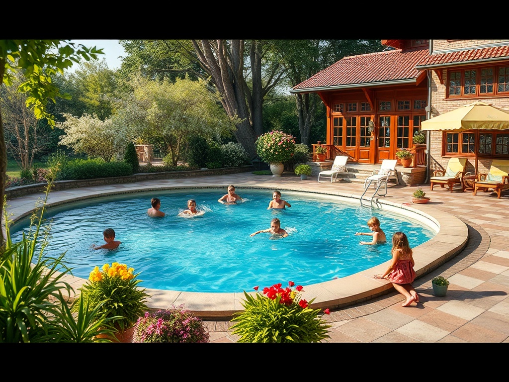На изображении дети купаются в круглом бассейне, вокруг зелень и цветы. Тёплый и яркий день.