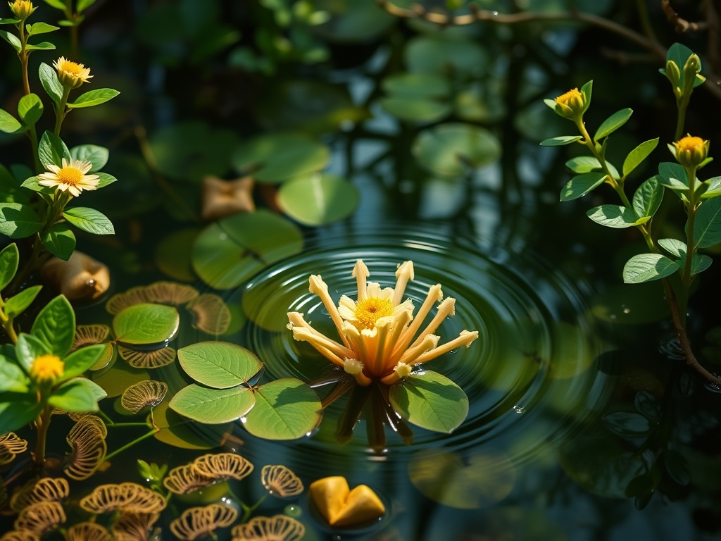 На воде цветок с длинными лепестками и зелёными листьями, окружённый отражениями и природной растительностью.
