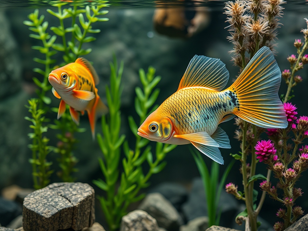 Два ярких золотых рыбки плавают среди зелёных водорослей и камней в аквариуме, создавая спокойную атмосферу.