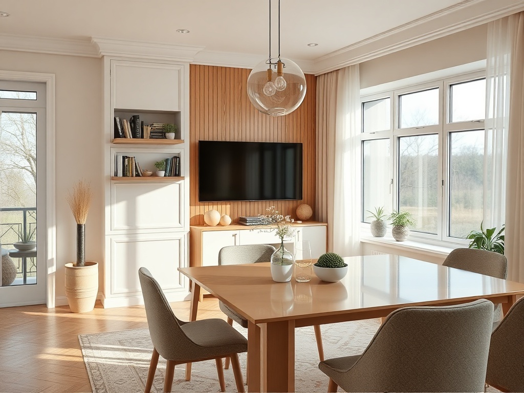 Светлая гостиная с обеденным столом, телевизором и большими окнами, зелеными растениями и мягкими креслами.