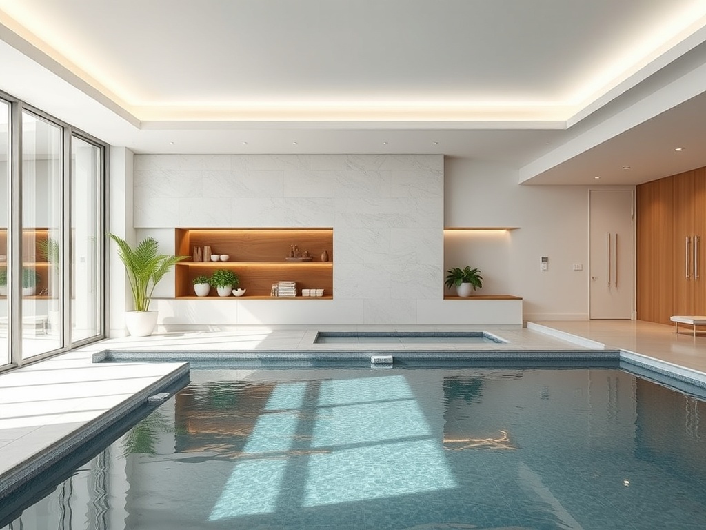 Современный спа с бассейном, большими окнами и светлым, минималистичным интерьером.
